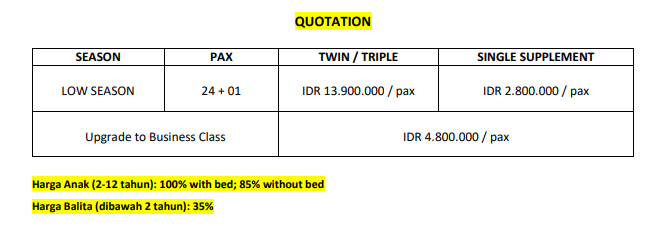 tabel harga china low season